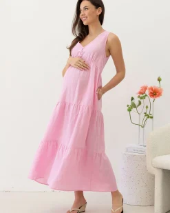 Kiara Linen Maternity Maxi Dress in Pink