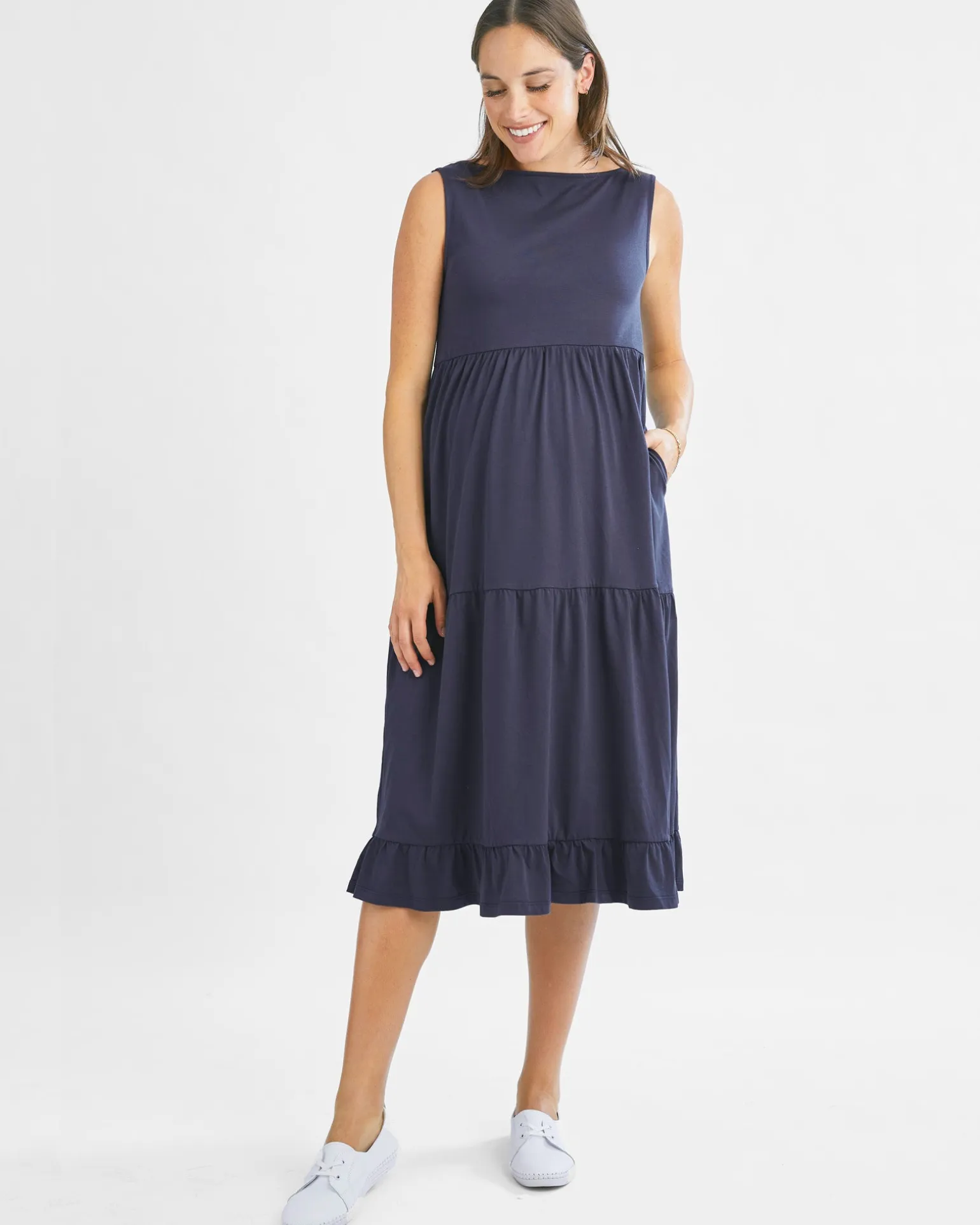 La Belle Maternity Cotton Dress In Navy