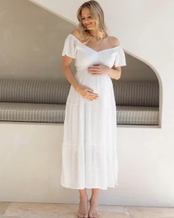 Lila Baby Shower Maternity Sundress in White