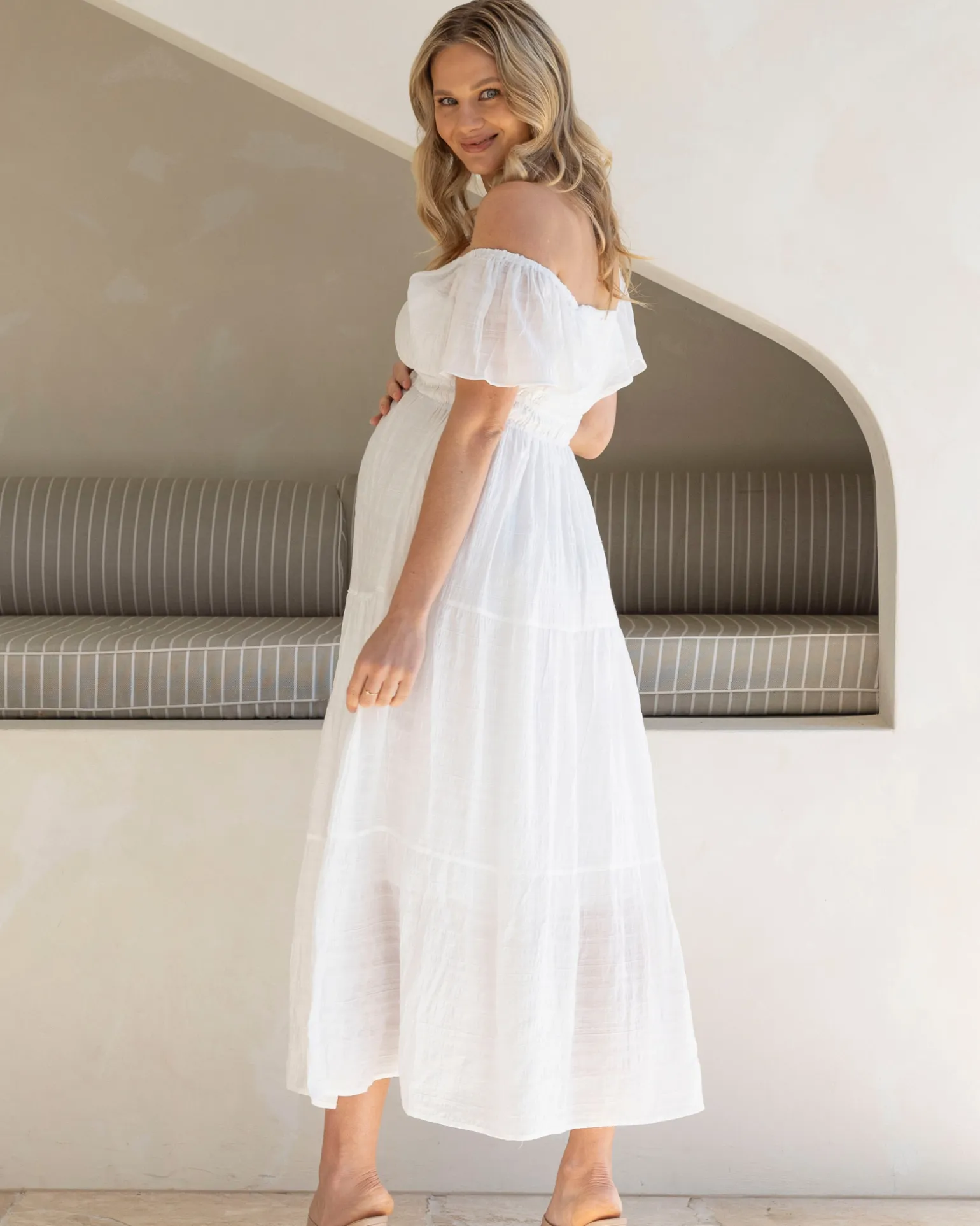Lila Baby Shower Maternity Sundress in White