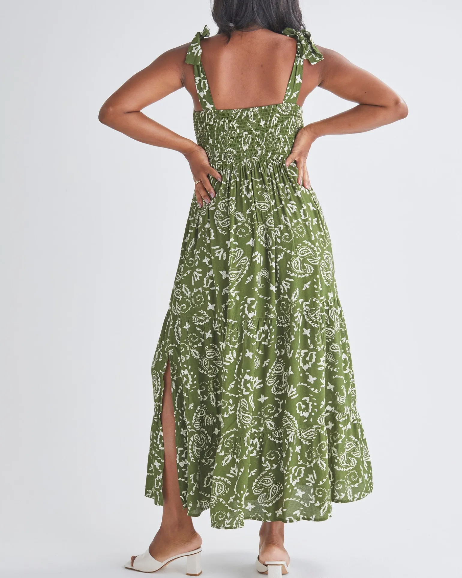 Lilliana Maternity Green Maxi Dress in Paisley