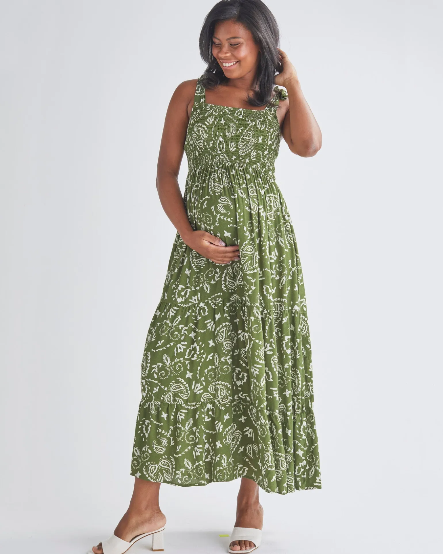 Lilliana Maternity Green Maxi Dress in Paisley