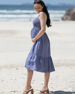 Lily Maternity Summer Shirred Blue Dress