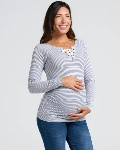 Long Sleeve Nursing Top - Navy & White Stripes