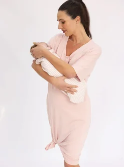 Mama Hospital Nightie, Long Length with Baby Pouch in Pink