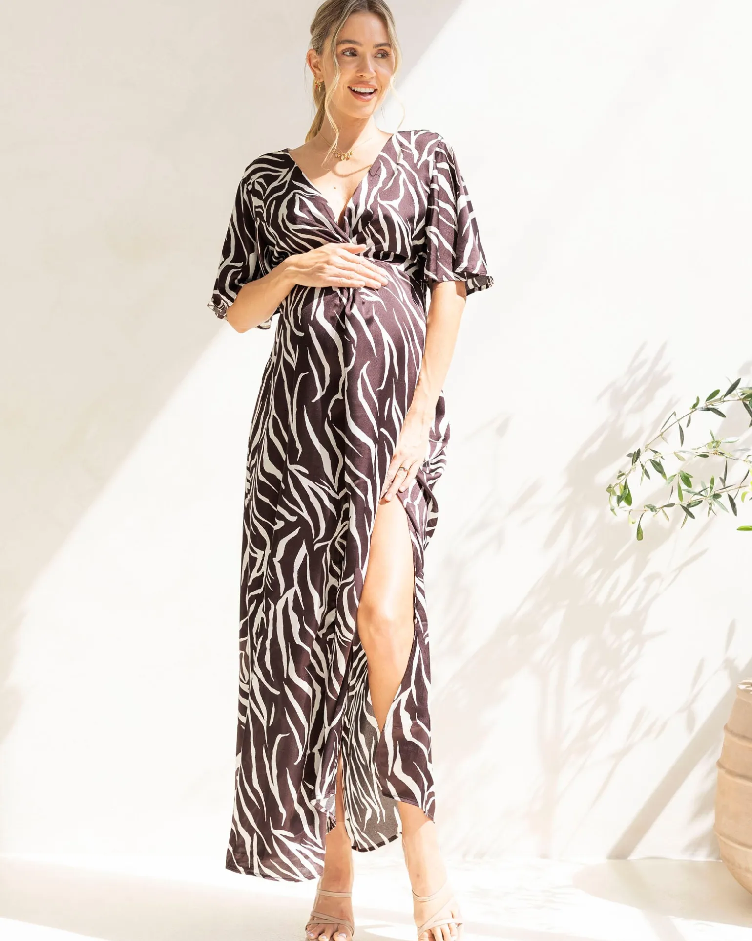 Margaux Maternity Evening Maxi Dress in Chocolate Zebra Print