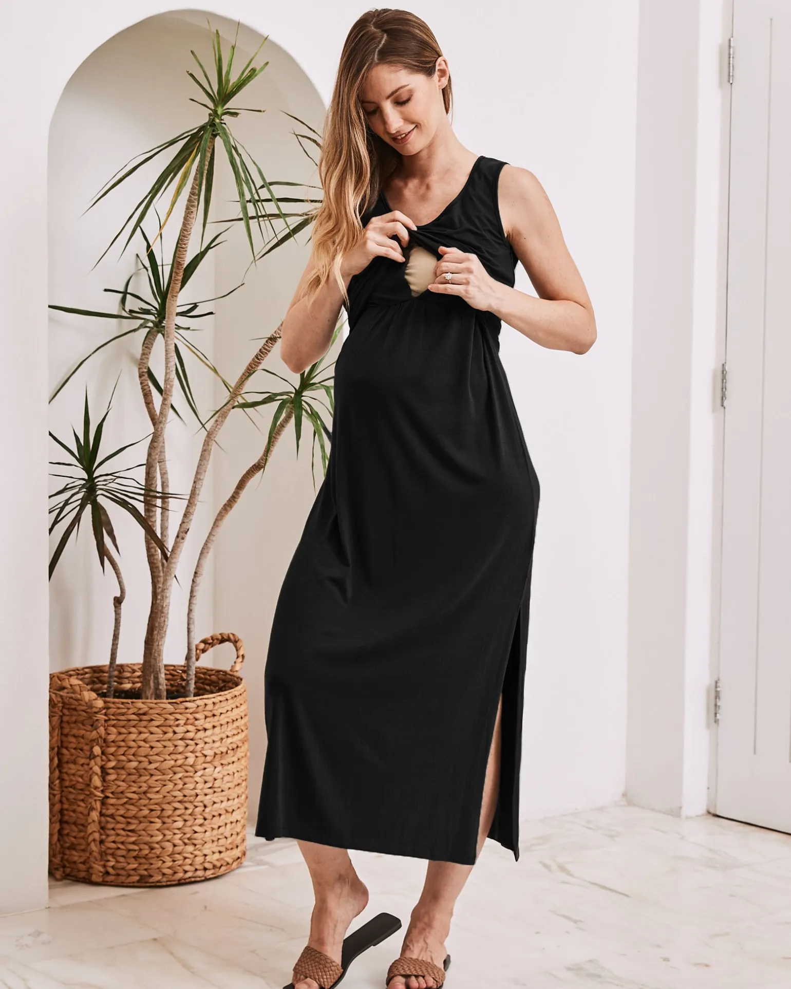 Martina Maternity & Nursing Black Sleeveless Bamboo Maxi Dress