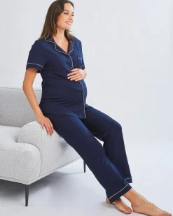 Maternity and Nursing Button Front Pajama Set in Navy
