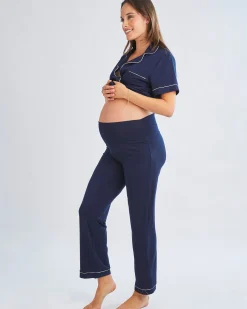 Maternity and Nursing Button Front Pajama Set in Navy