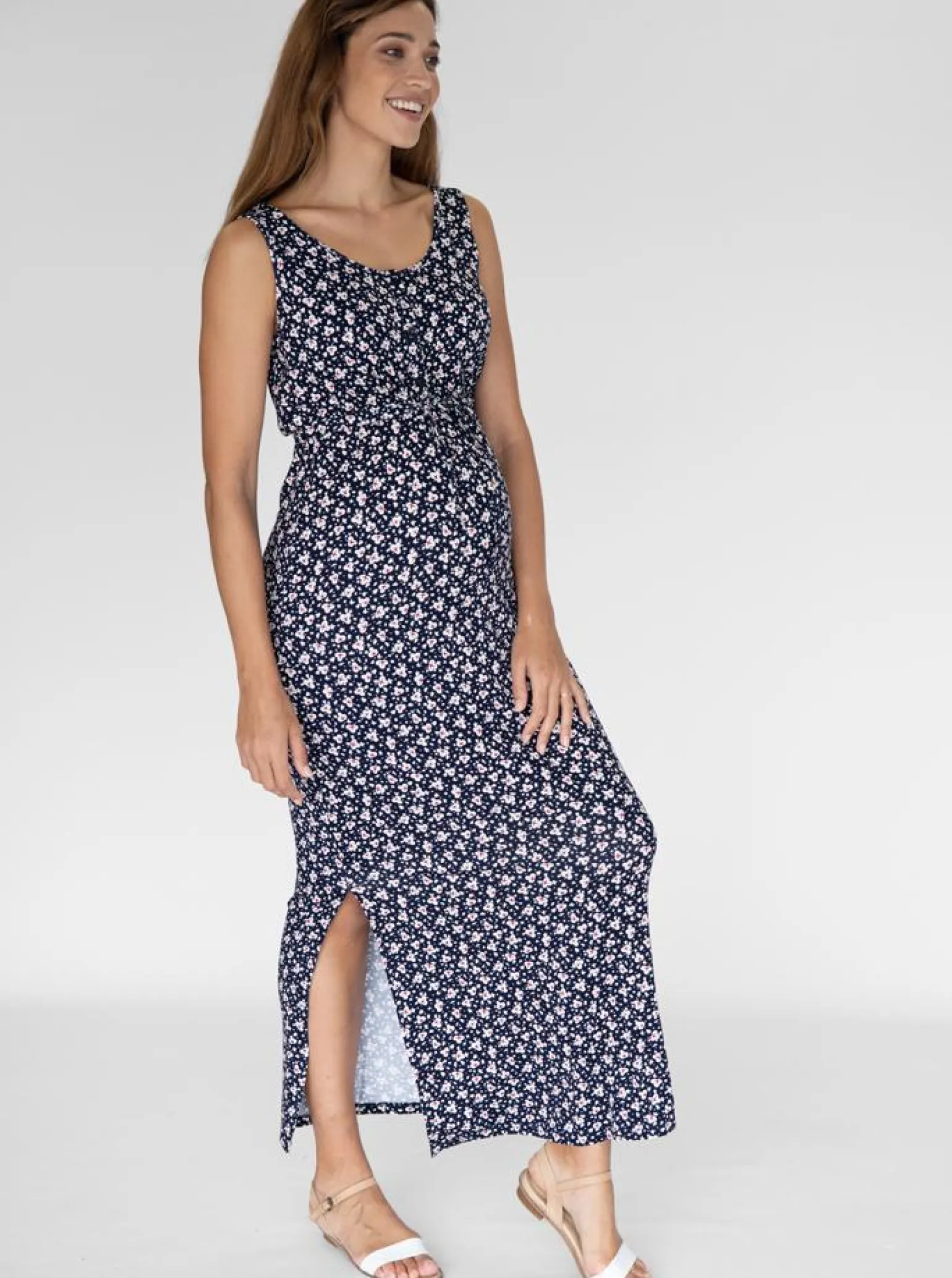 Maternity and Nursing Button up front Maxi Dress in Navy