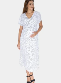 Maternity and Nursing Wrap Dress with Polka Dots in Midi Length