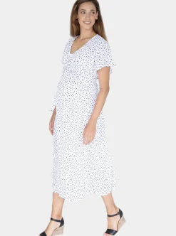 Maternity and Nursing Wrap Dress with Polka Dots in Midi Length