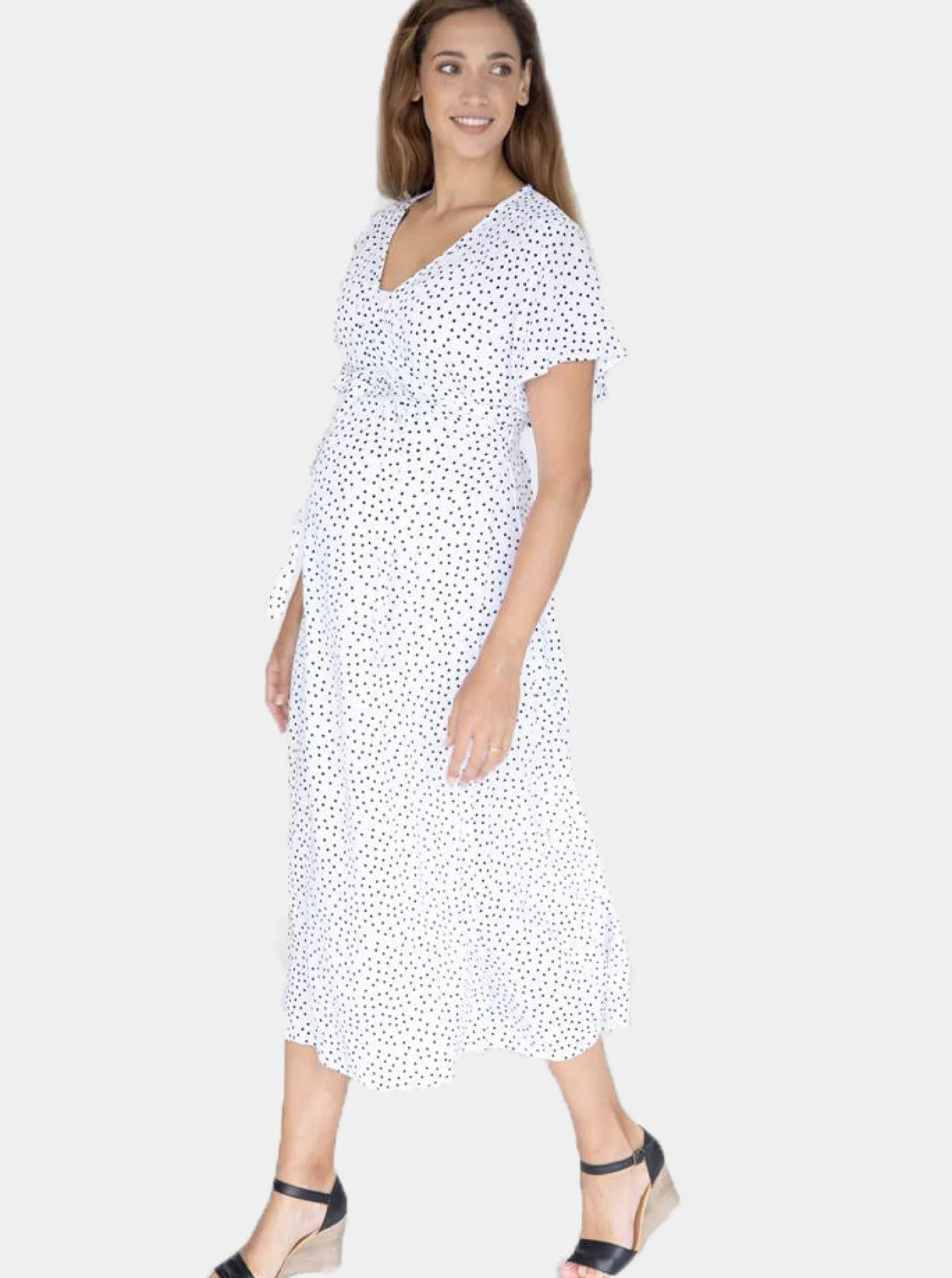 Maternity and Nursing Wrap Dress with Polka Dots in Midi Length