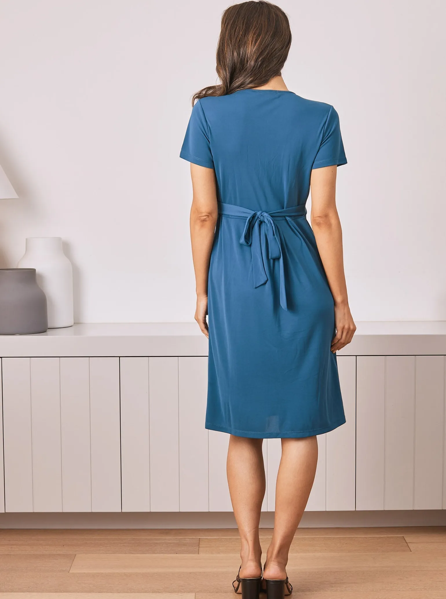 Maternity Crossover Neckline Tie Back Jersey Work Dress - Teal