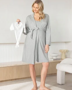 Maternity & Nursing Bamboo Cotton Robe with Matching Baby Swaddle – Grey