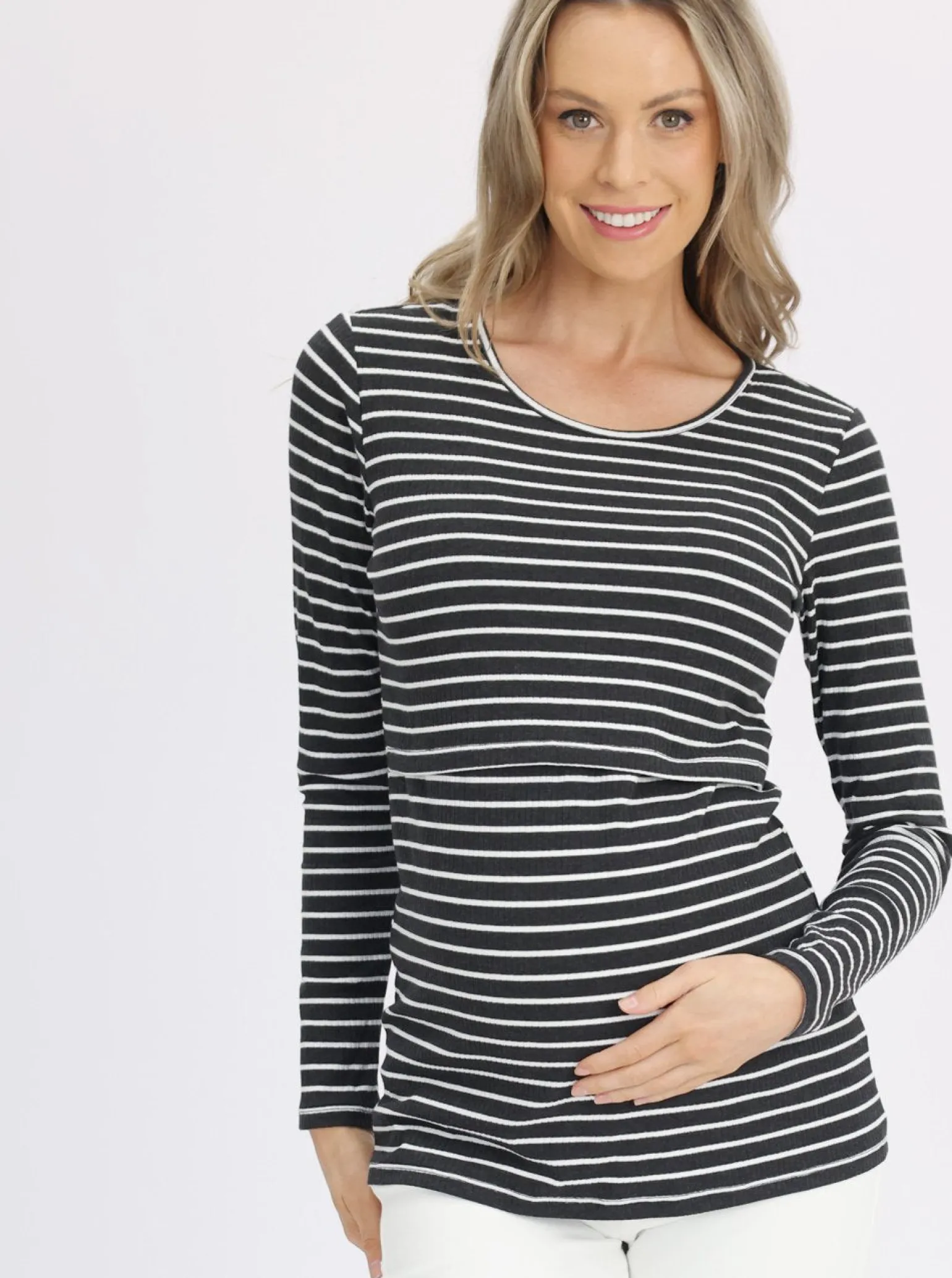 Maternity & Nursing Long Sleeve Top in Black/Grey Stripe