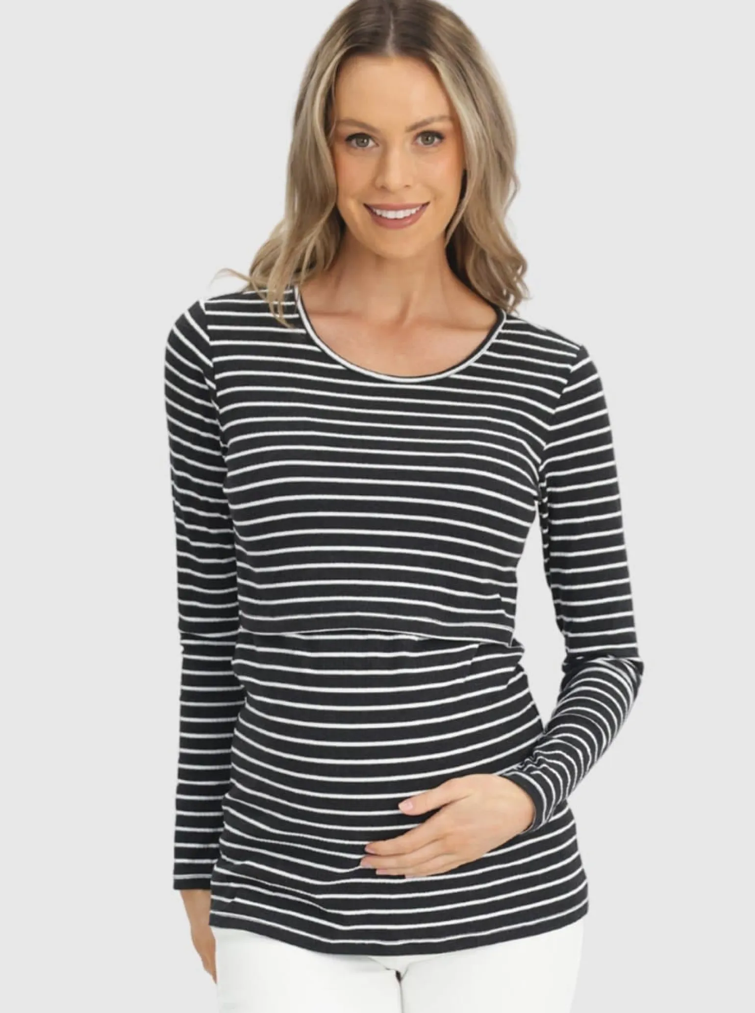 Maternity & Nursing Long Sleeve Top in Black/Grey Stripe