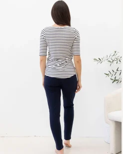 Maternity Nursing Tee with Button Front - Navy Stripes