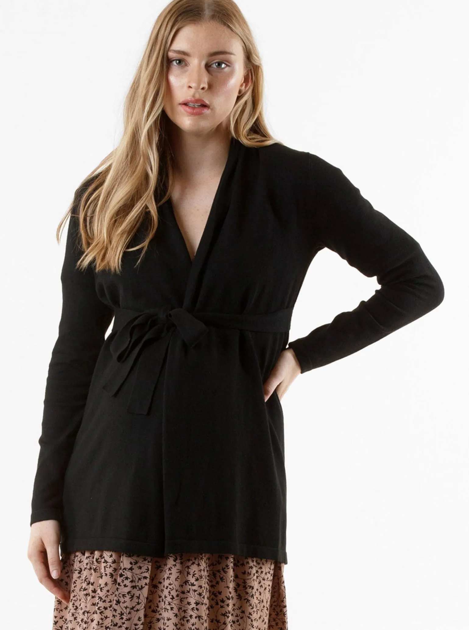 Maternity Roll Collar Knitted Waist Tie Cardigan - Black