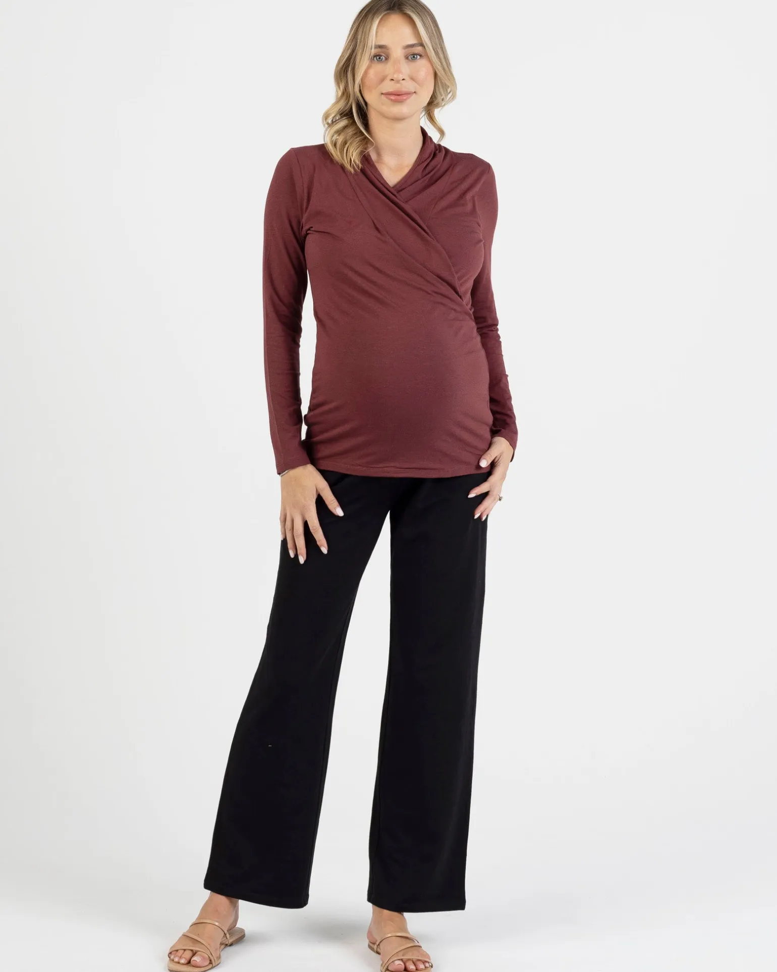 Maternity V-Neck Crossover Bamboo Long Sleeve Top in Maroon