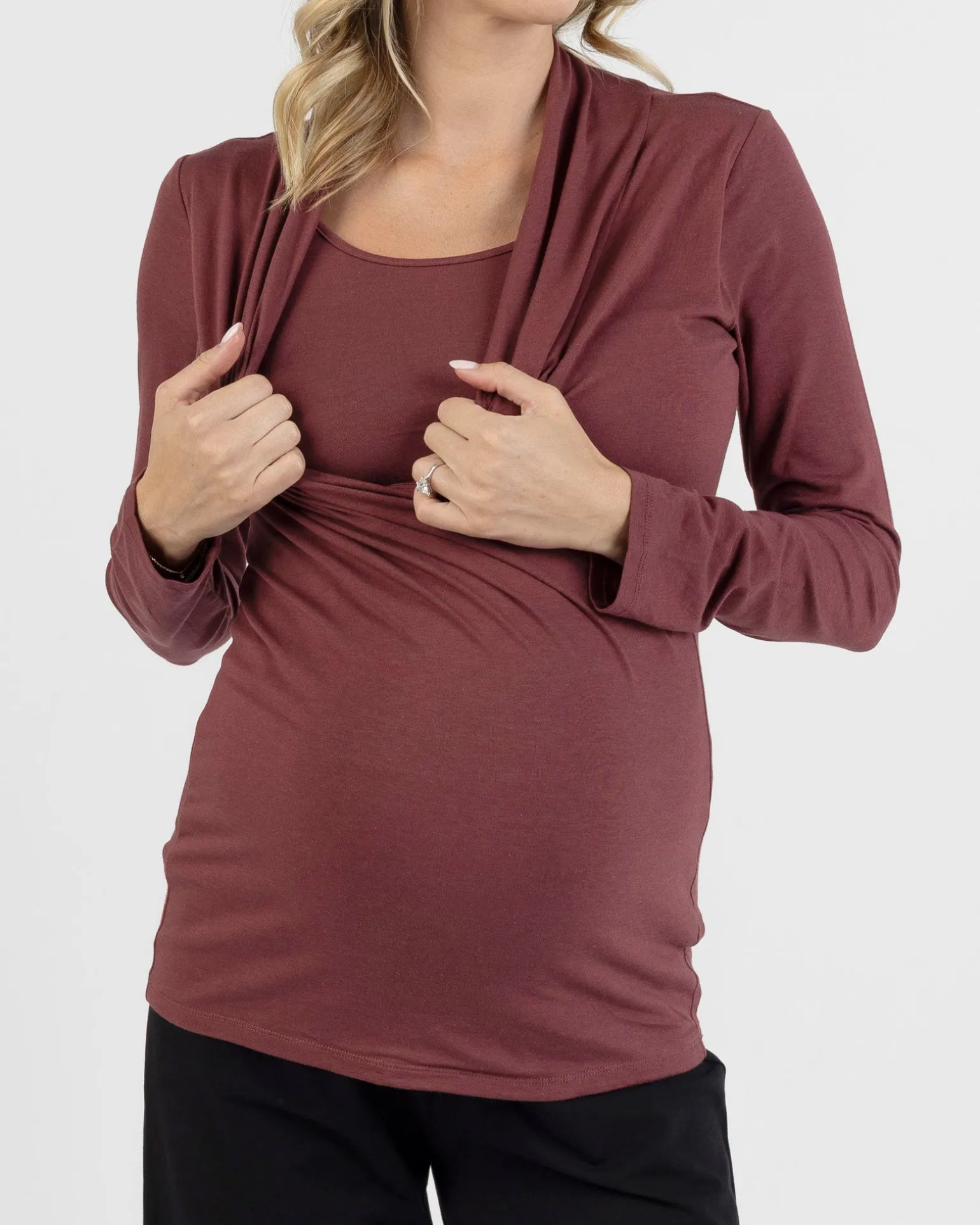 Maternity V-Neck Crossover Bamboo Long Sleeve Top in Maroon