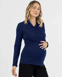 Maternity V-Neck Crossover Bamboo Long Sleeve Top in Navy