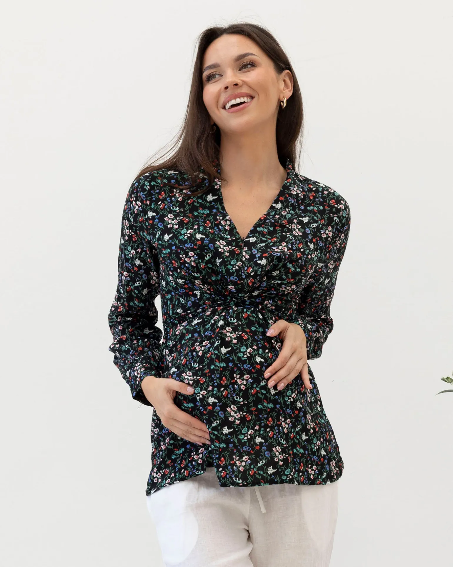 Maternity Zipper Front Work Top - Wild Flowers