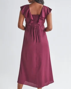 Mika Maternity Ruffle Silk Dress in Wine