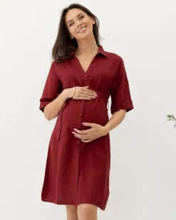Nora Maternity Tie Waist Linen Dress in Burgundy