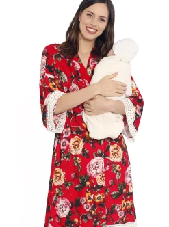 Nursing Dress + Robe + Free Baby Wrap - Red Floral Hospital Pack