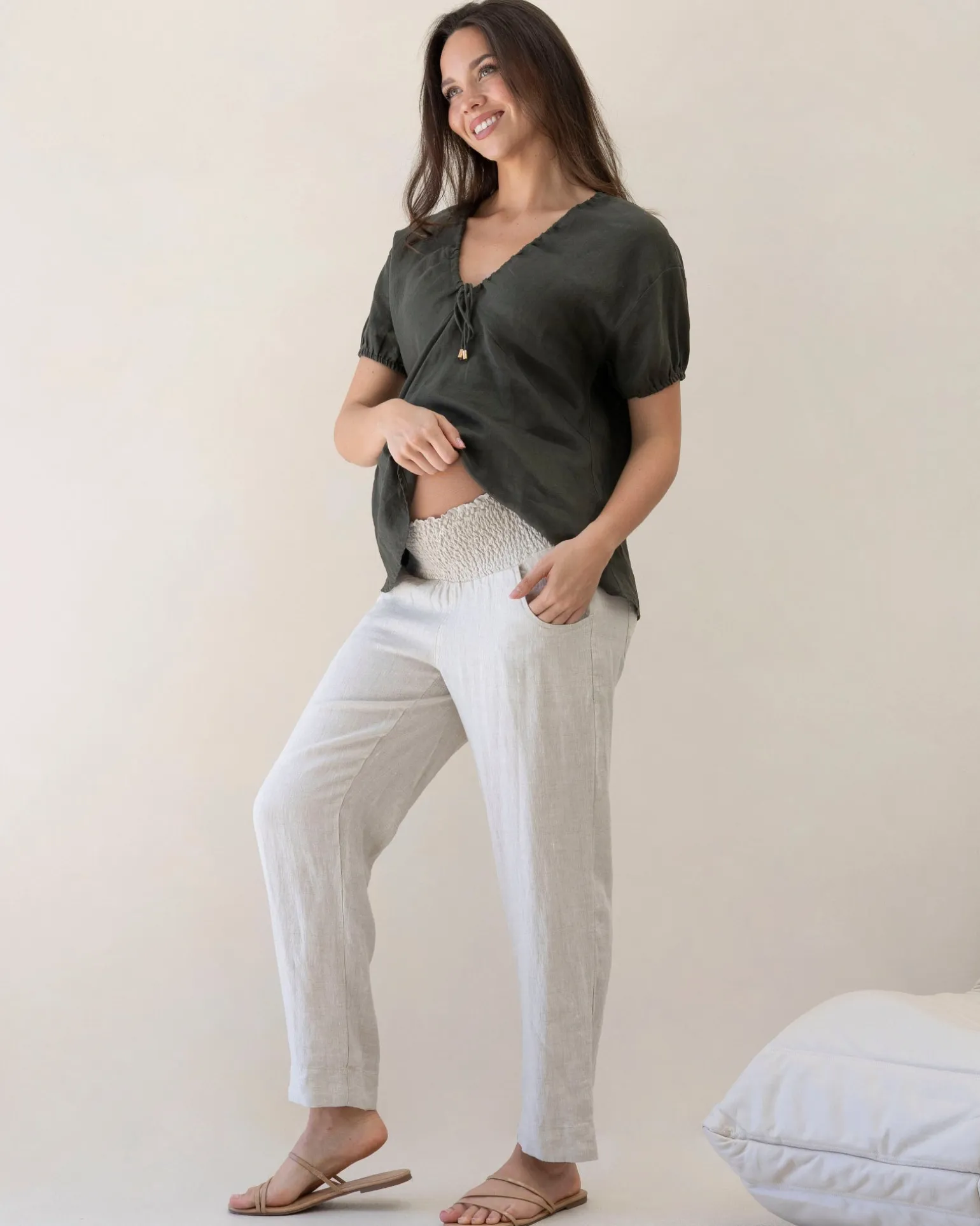 Pamela Tapered Linen Maternity Pants in Sand