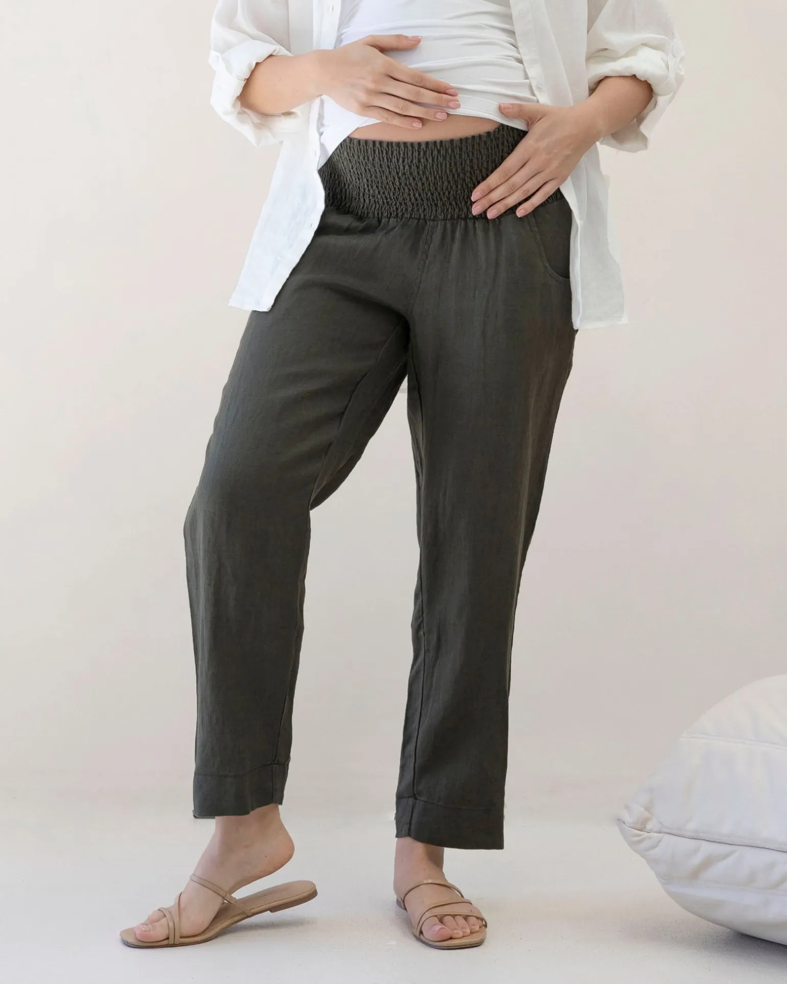Pamela Tapered Linen Maternity Pants in Khaki
