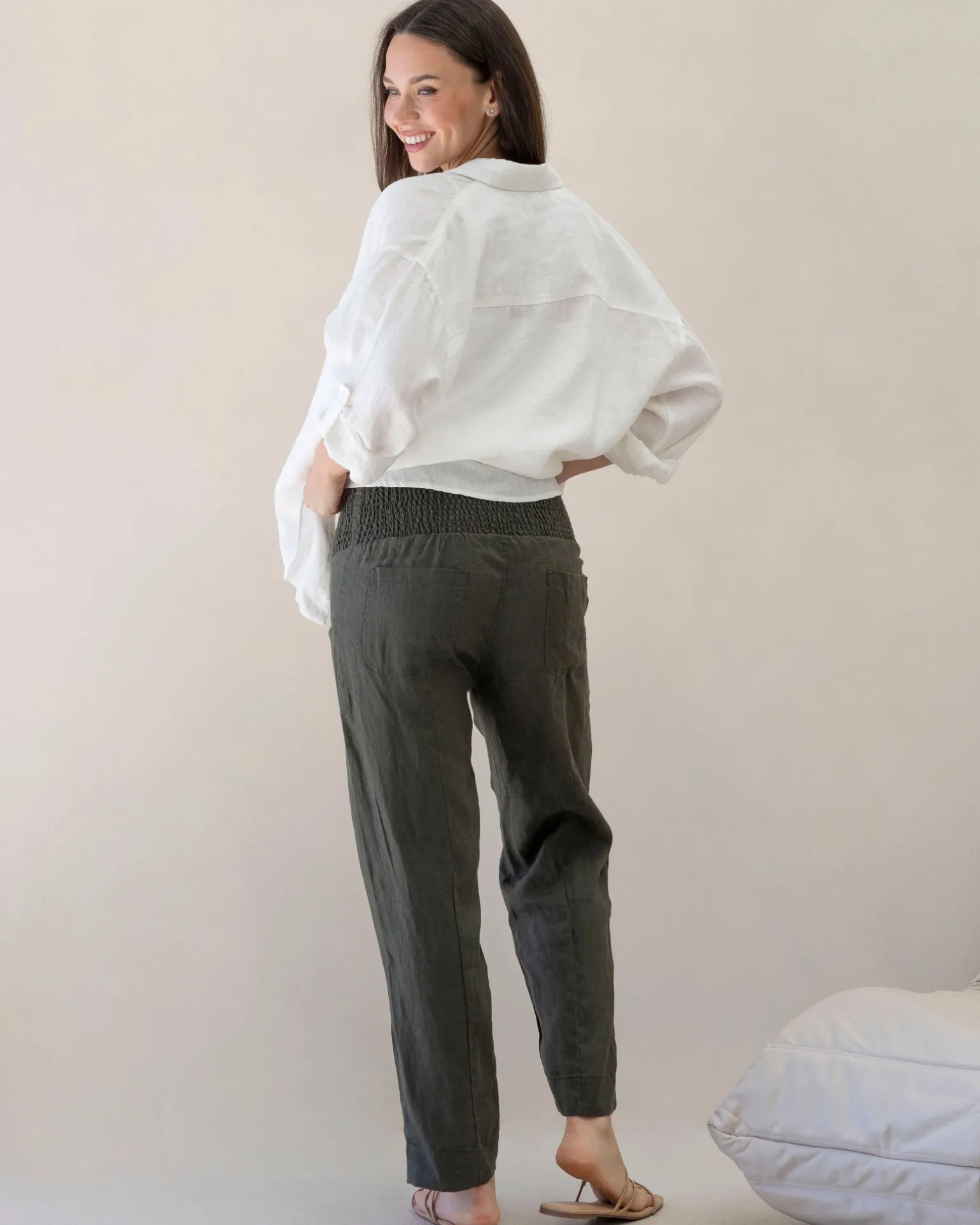 Pamela Tapered Linen Maternity Pants in Khaki