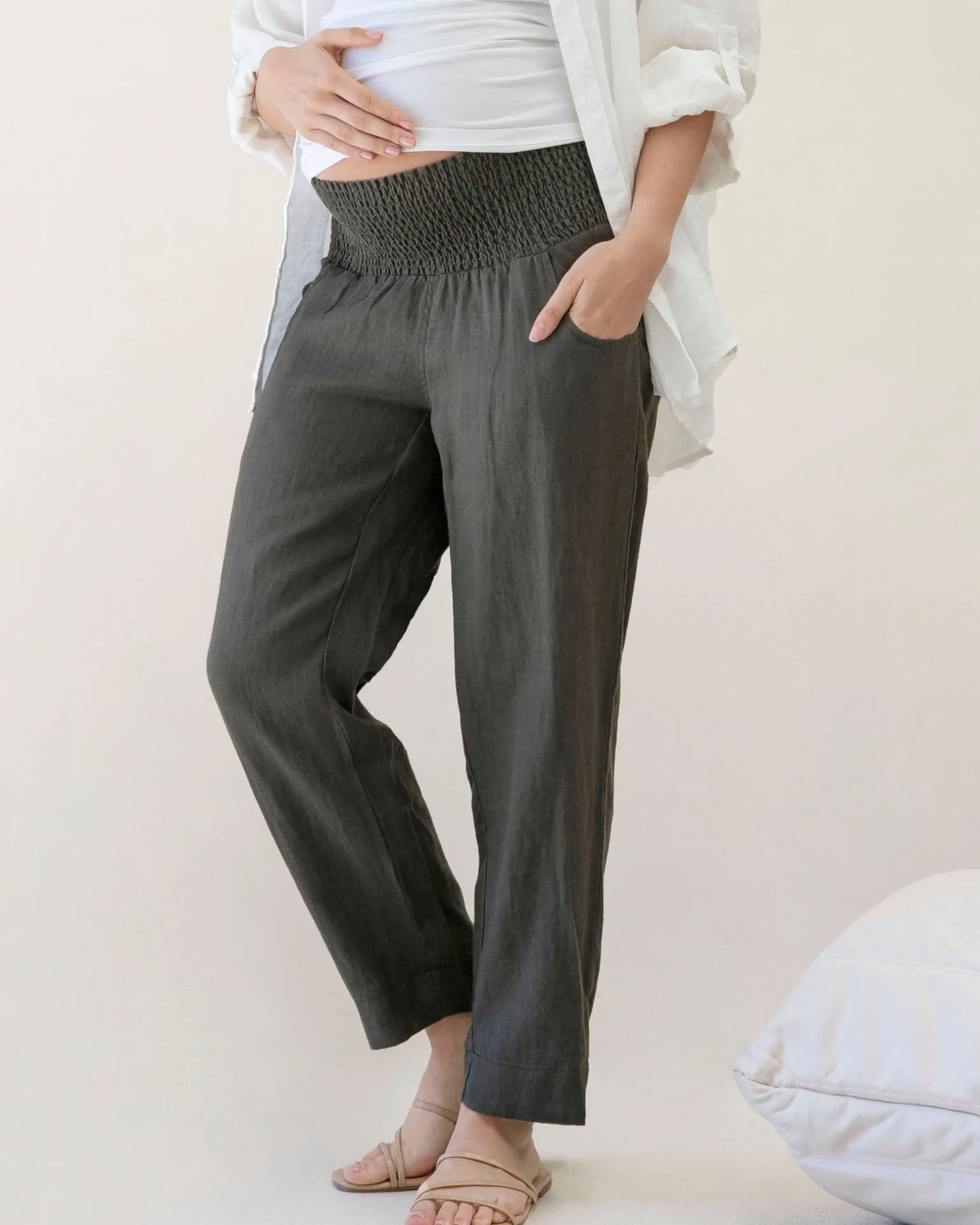 Pamela Tapered Linen Maternity Pants in Khaki