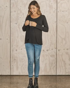 Petal Front Long Sleeve Nursing Top - Black