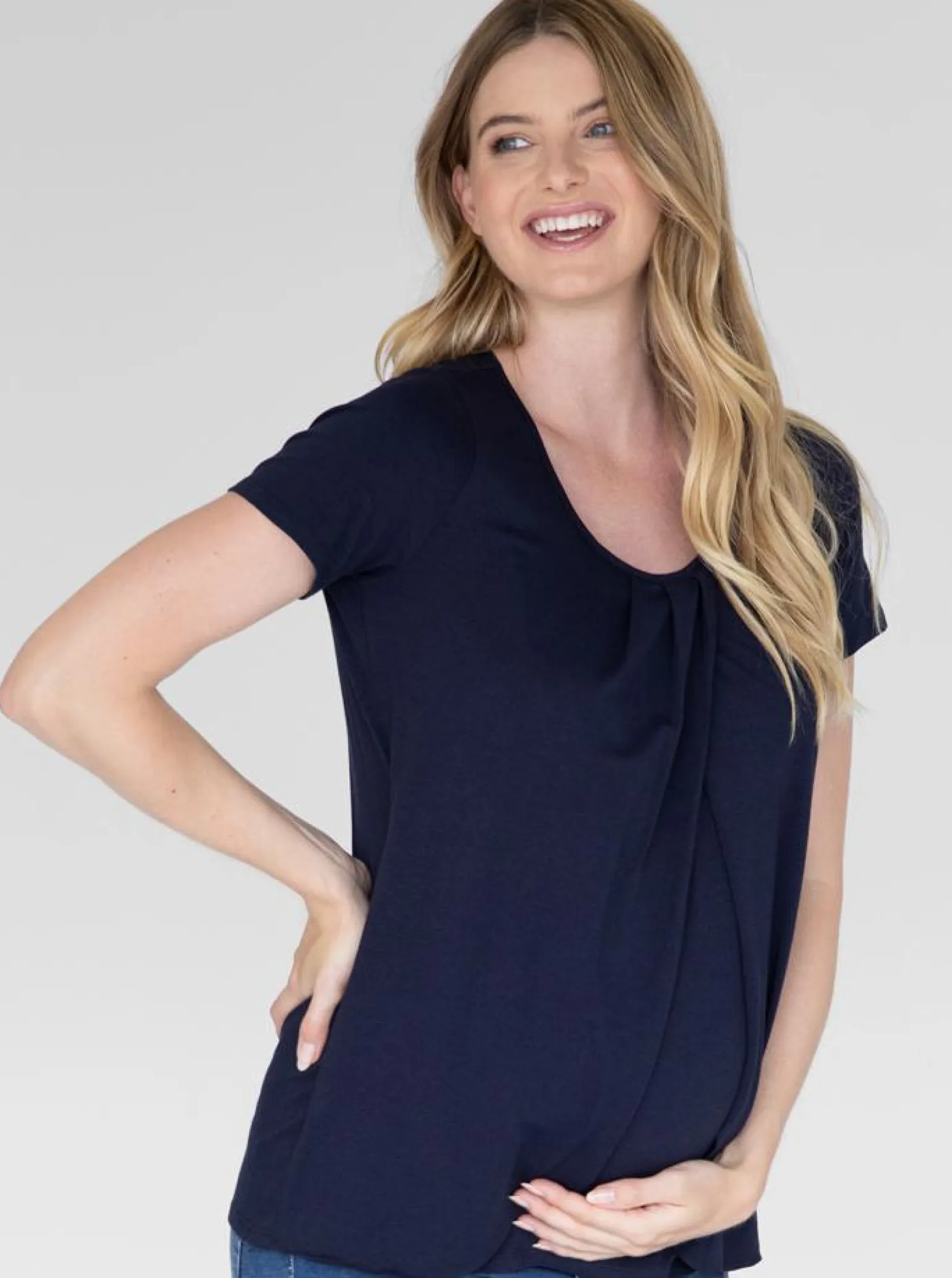 Petal Front Short Sleeve Nursing Top in Navy