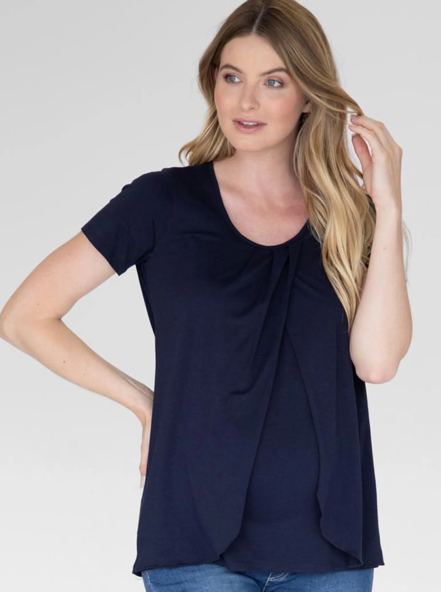 Petal Front Short Sleeve Nursing Top in Navy