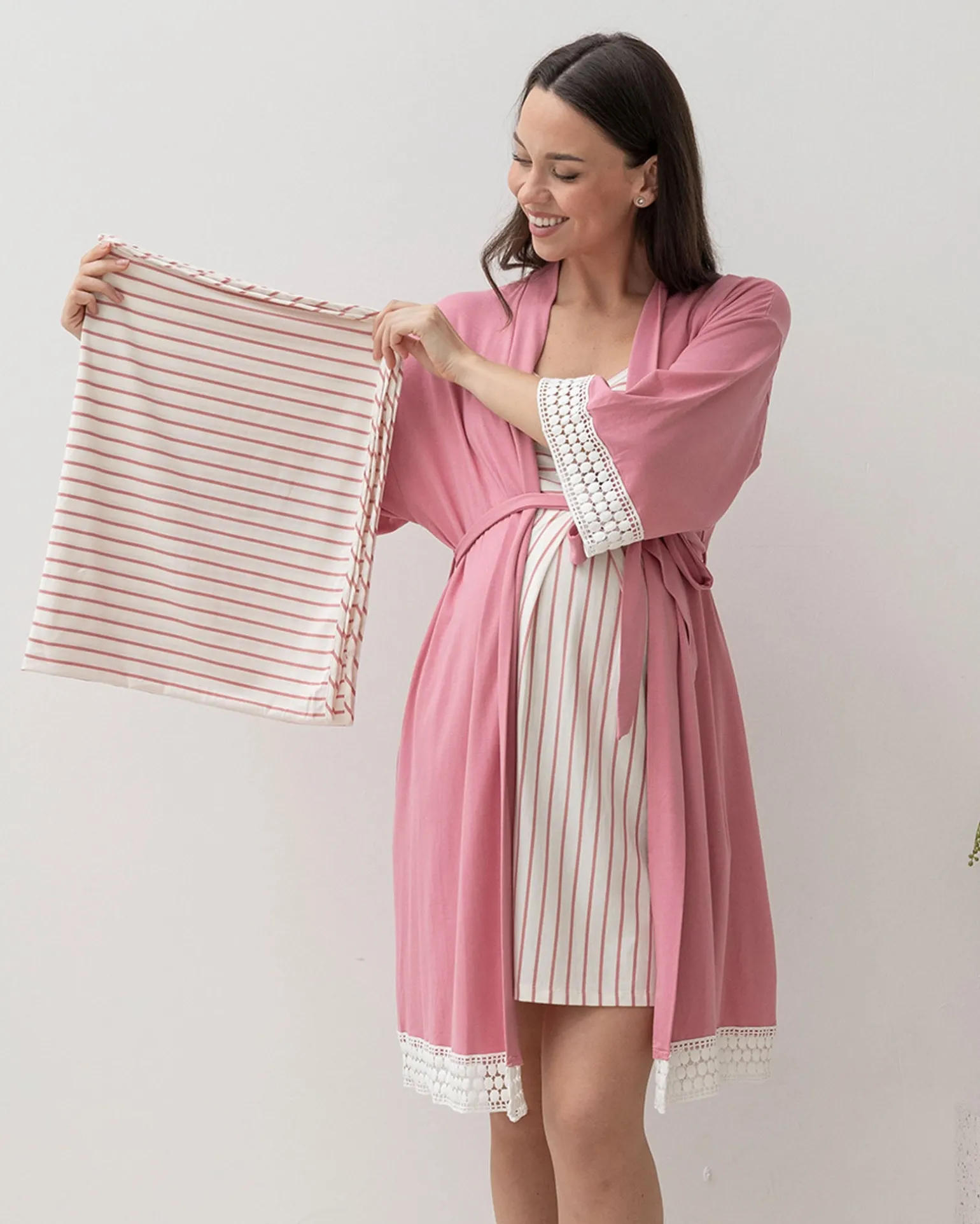 3-Piece Maternity Hospital Pack Set: Nursing nightie + Robe + Baby wrap In Pink