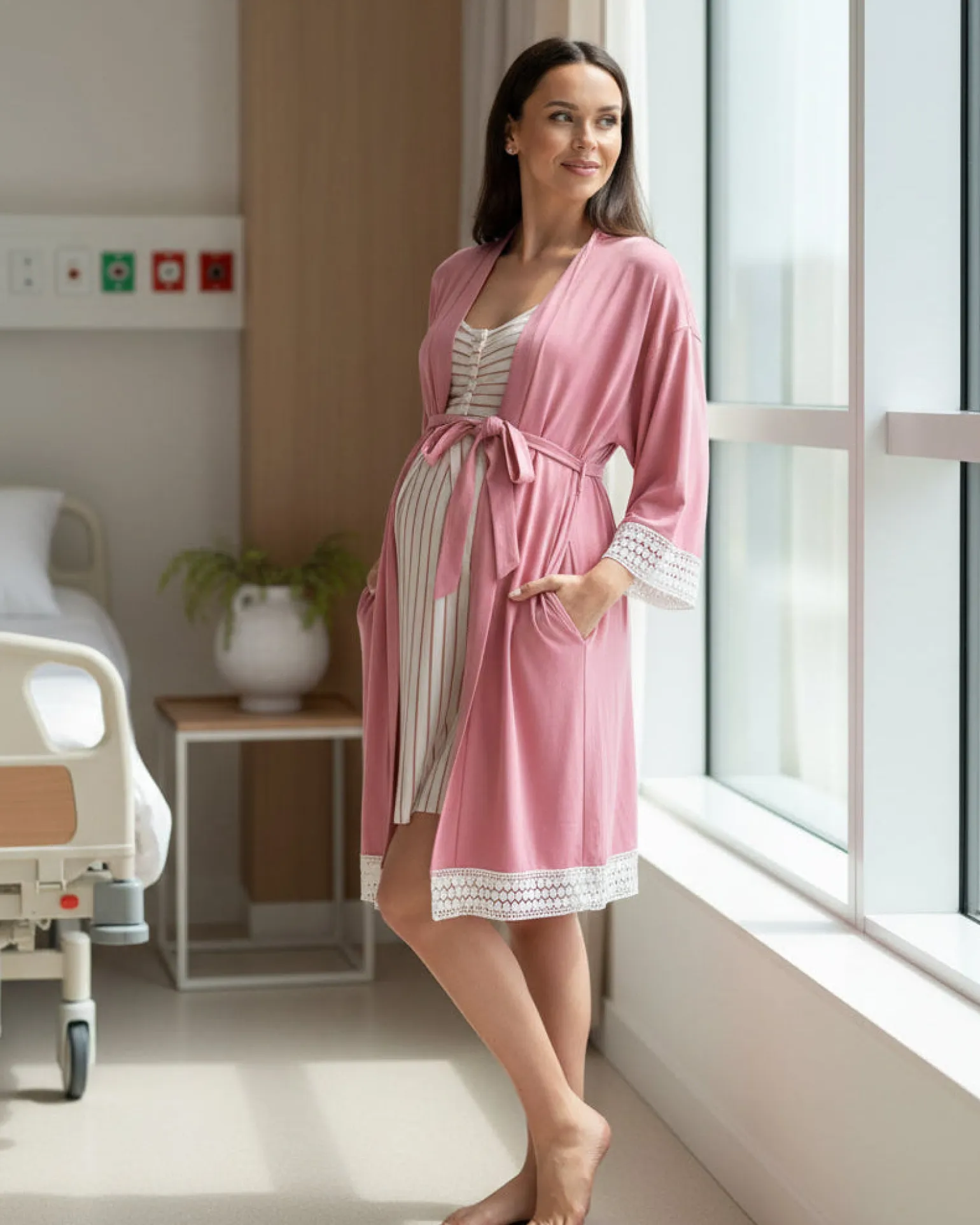 3-Piece Maternity Hospital Pack Set: Nursing nightie + Robe + Baby wrap In Pink