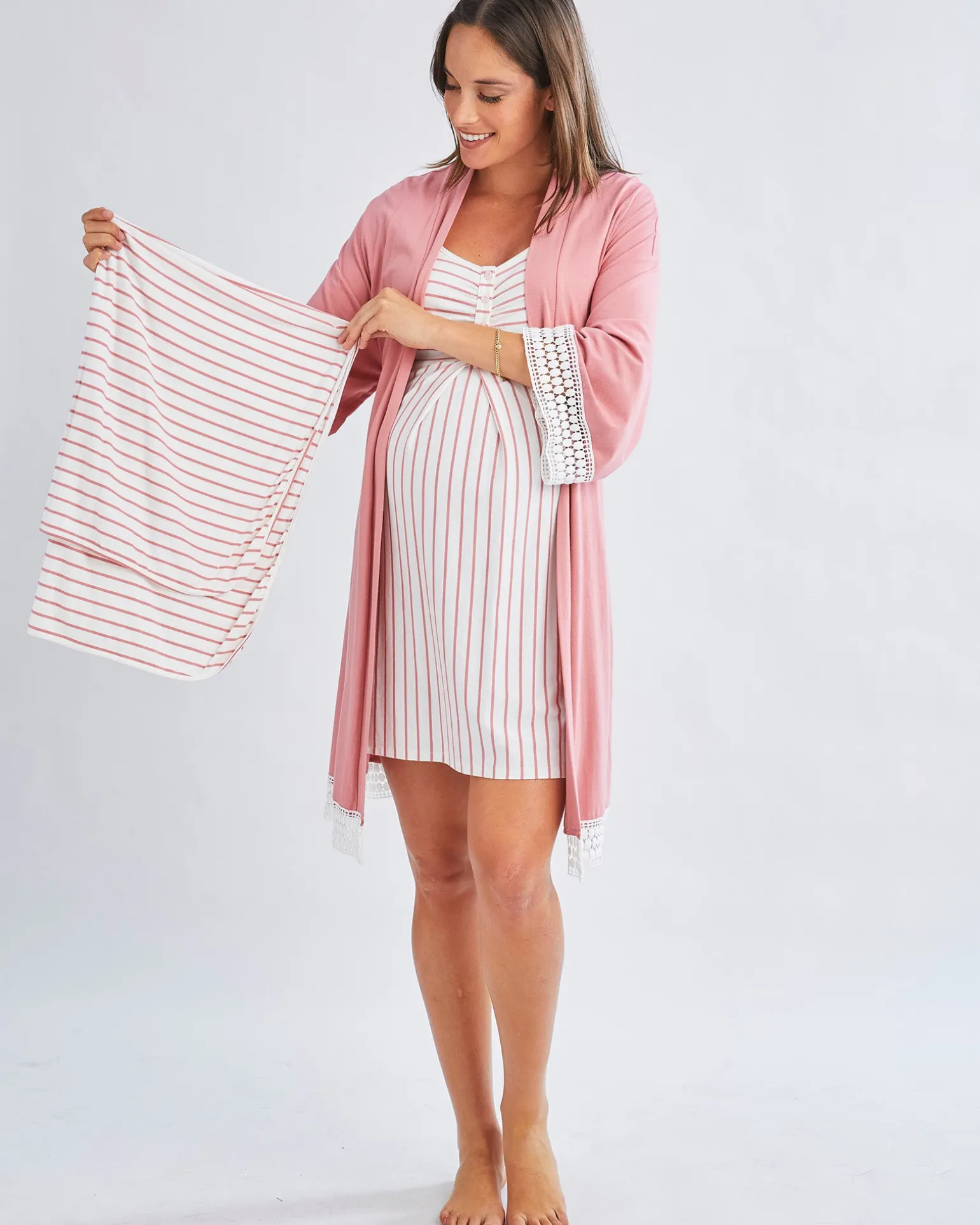 3-Piece Maternity Hospital Pack Set: Nursing nightie + Robe + Baby wrap In Pink