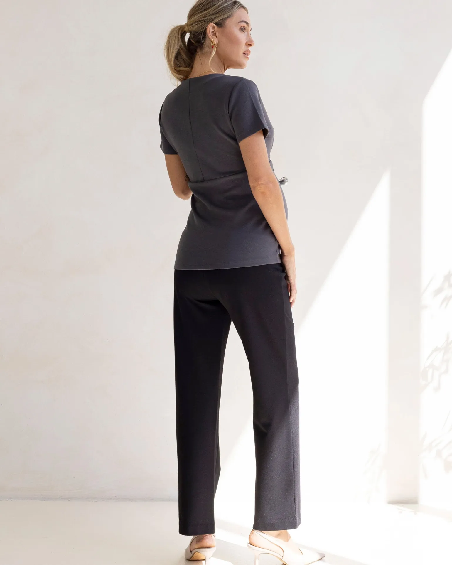 Sabine Soft Ponte Maternity V-Neck Work Top in Slate Grey