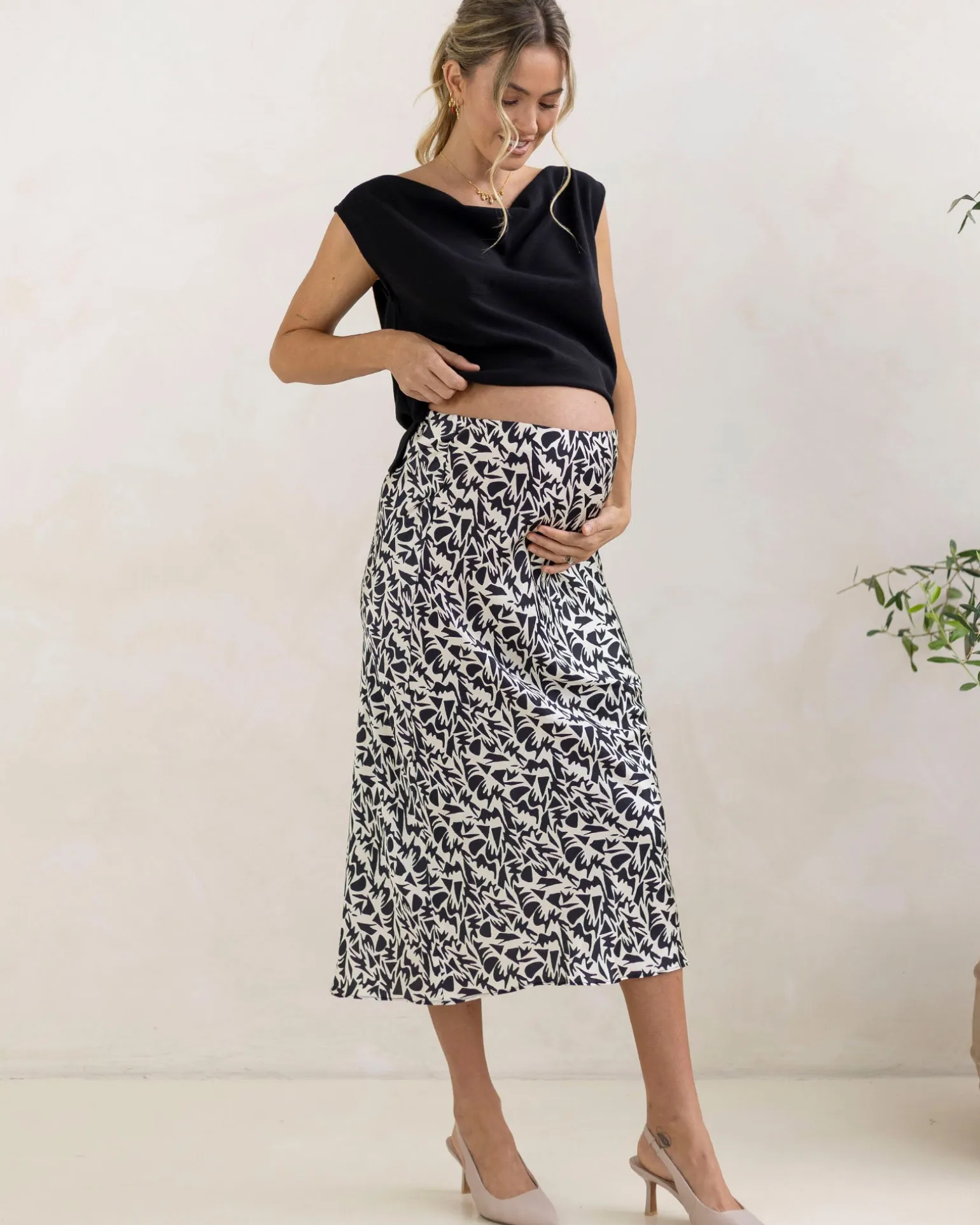Satin Maternity Midi Skirt in Abstract Print