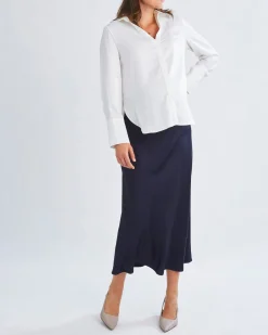 Sheena Maternity Satin-Finish Midi Work Skirt in Navy