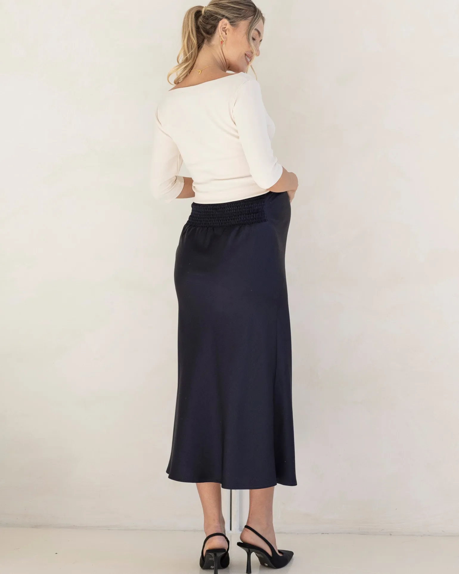 Sheena Maternity Satin-Finish Midi Work Skirt in Navy