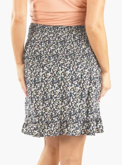 Shirred Maternity Skirt in Navy with Pink Floral Print