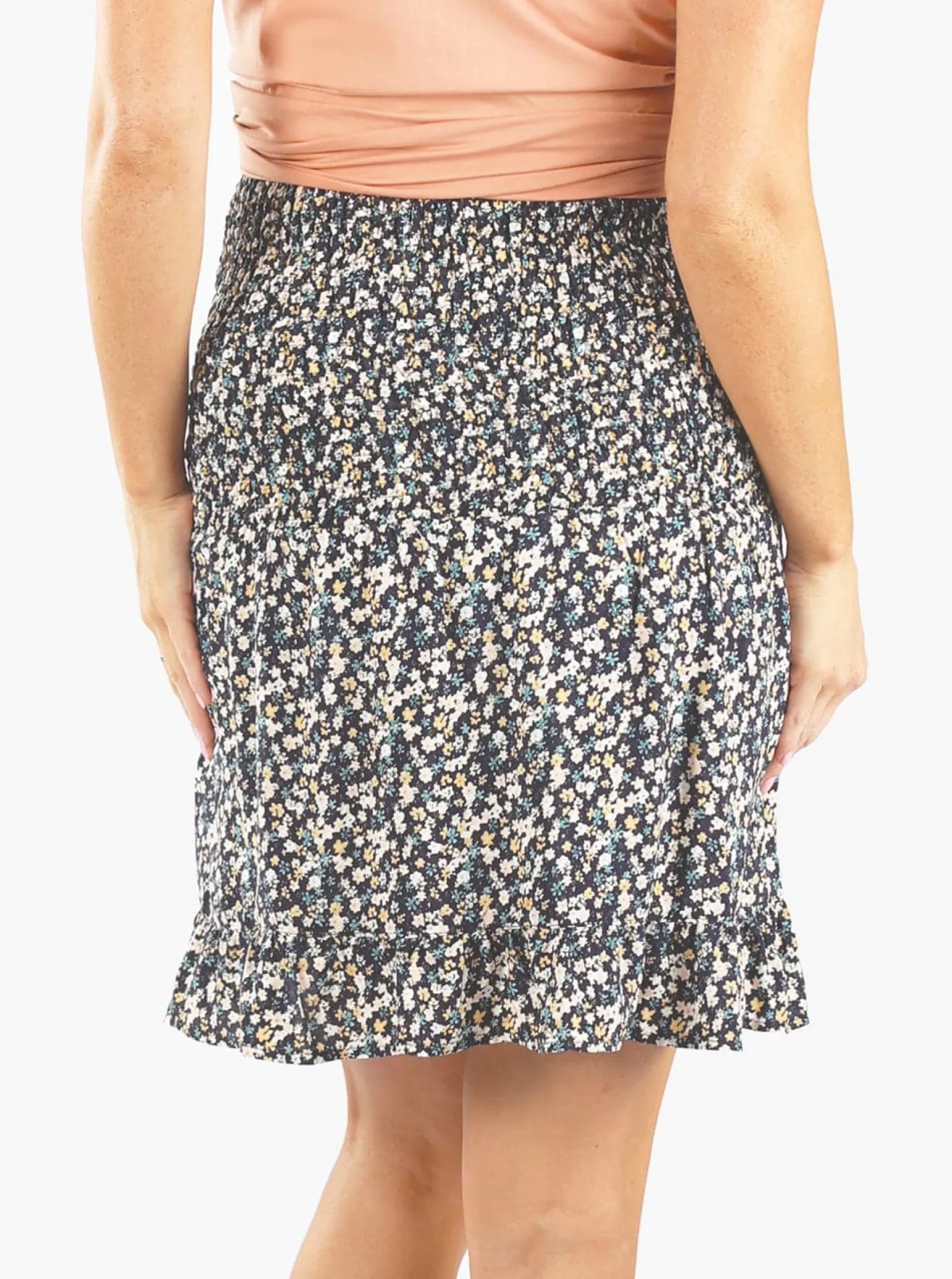 Shirred Maternity Skirt in Navy with Pink Floral Print
