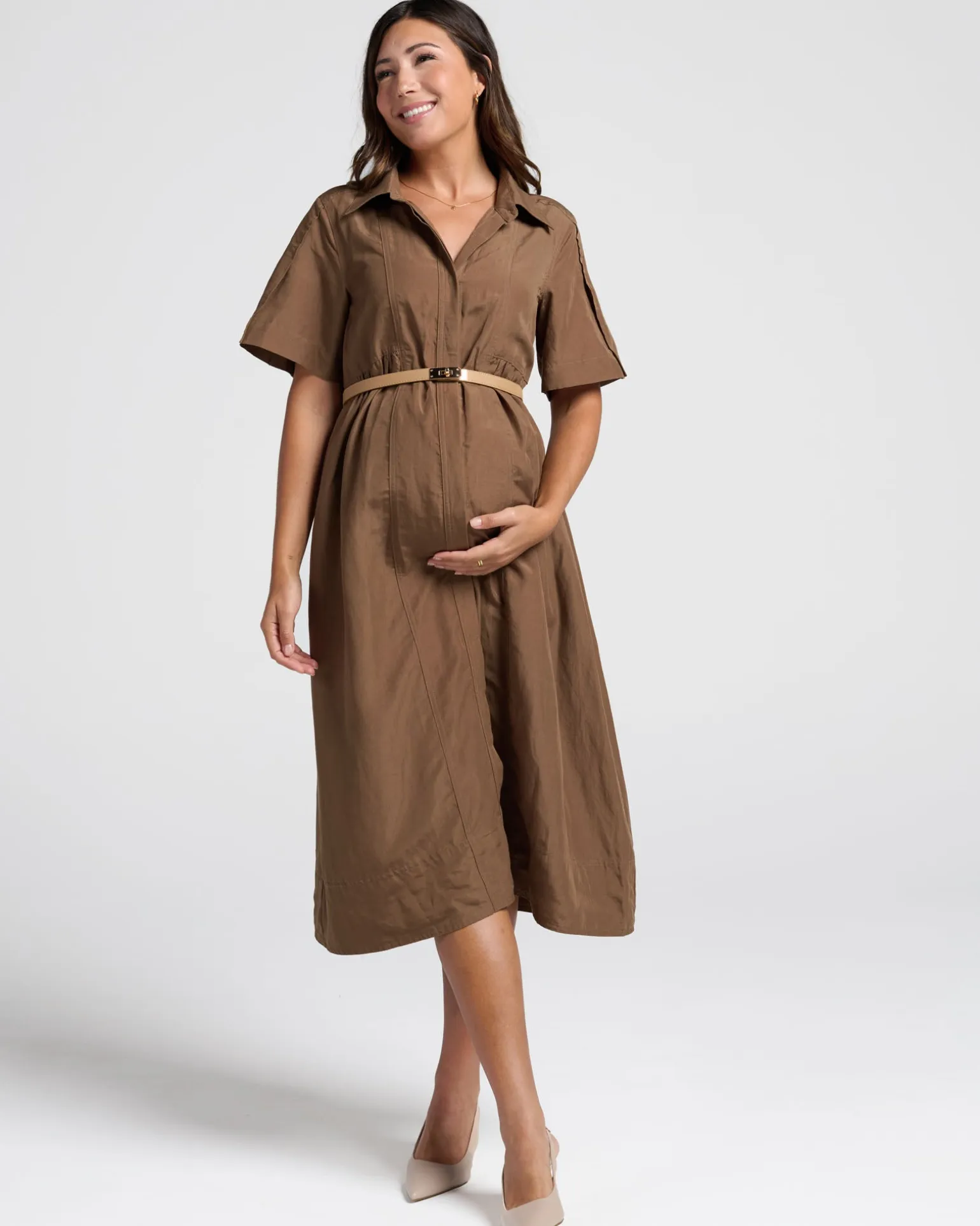 Sophia Maternity Belt Work Dress in Latte