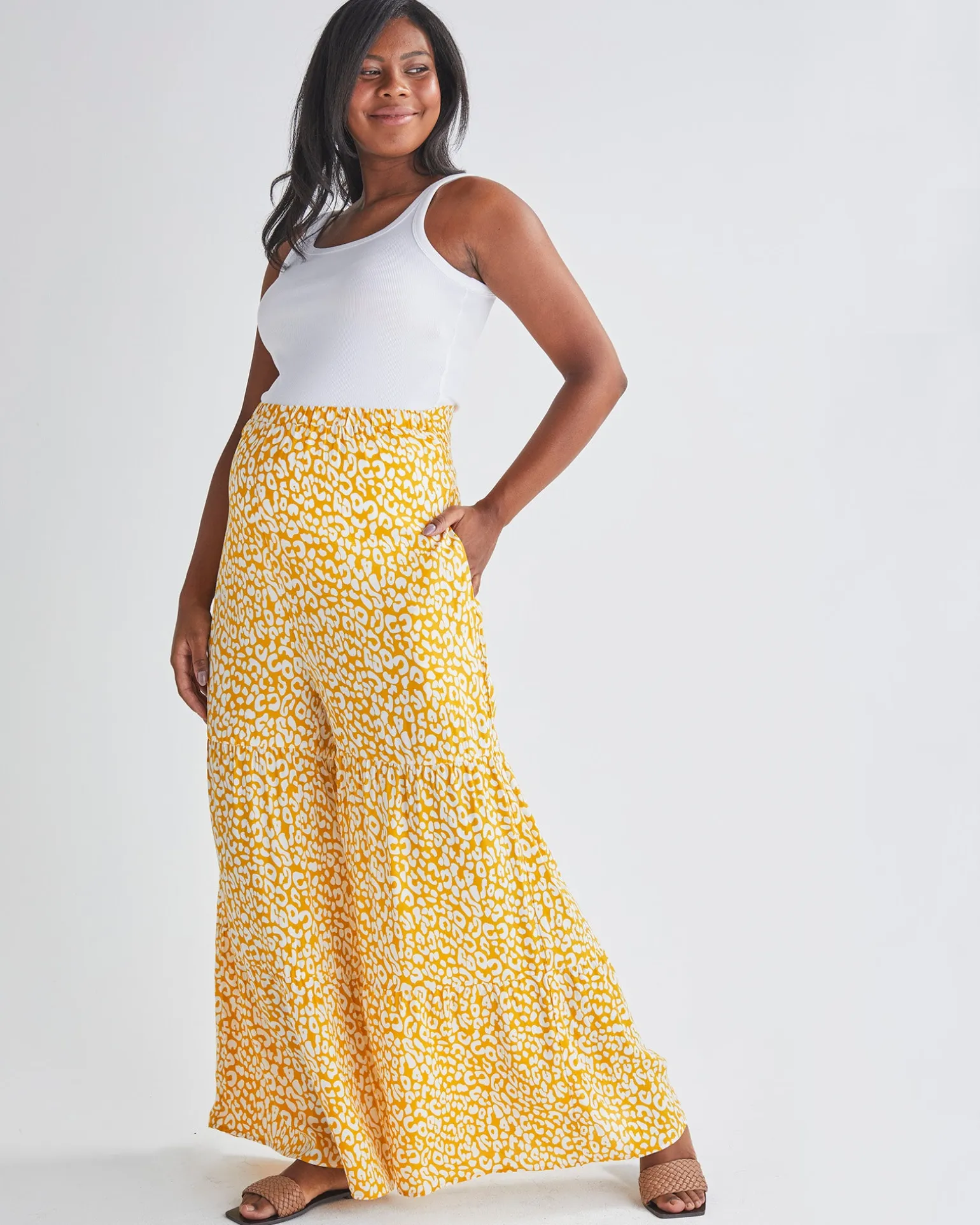 Stacie Wide Leg Maternity Ruffled Pants in Yellow Animal Print