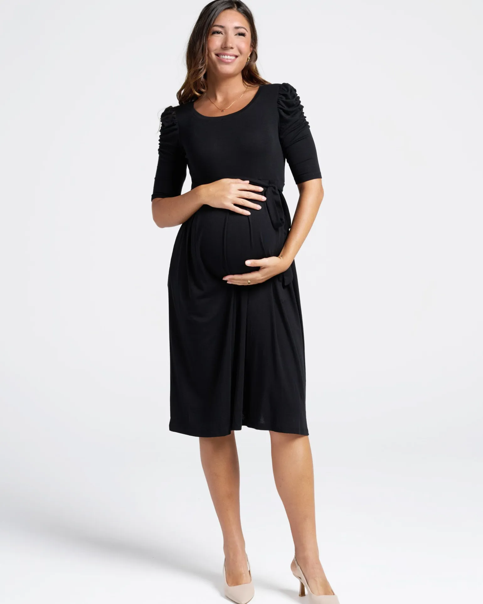 Stephanie Maternity Belt Midi Dress in Black