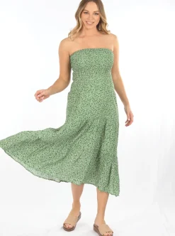 Strapless Maternity Shirred Maxi Dress in Green Floral Print